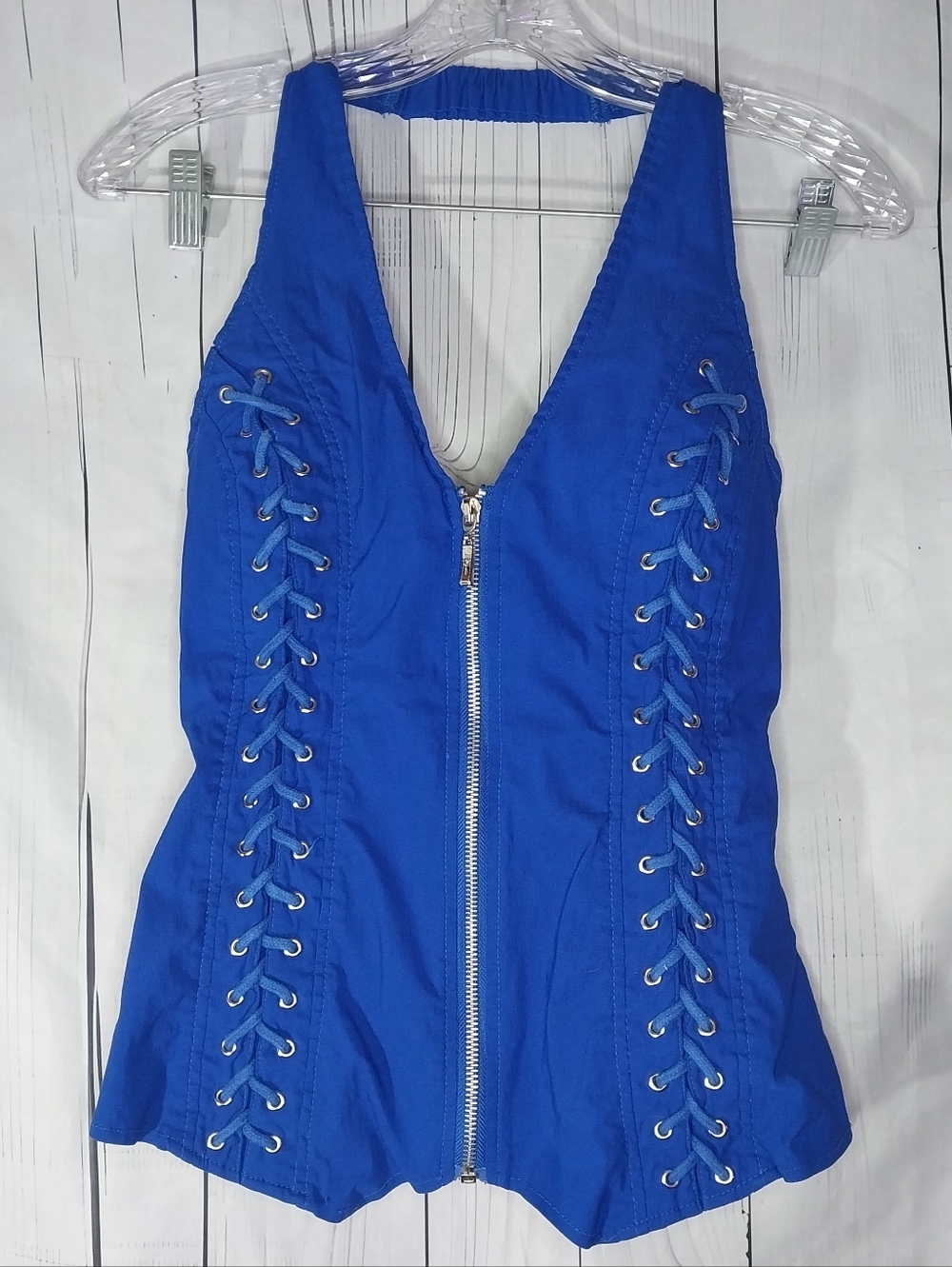 Lydia USA Y2K 90's Royal Blue Lace-Up Zipper Halter Corset Style Vest Top